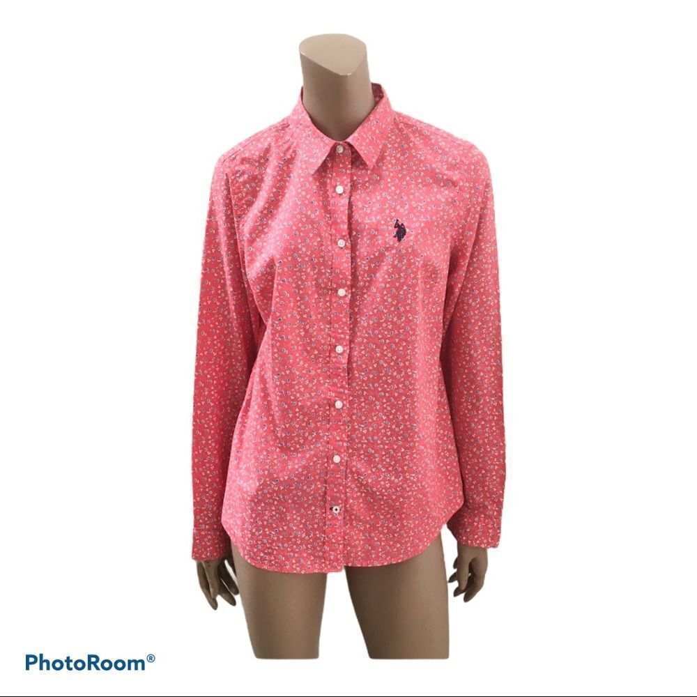 U.S POLO ASSN red floral buttons blouse L